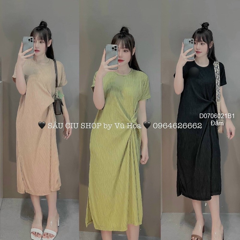 Đầm suông dài xoắn eo tay ngắn hàng chuẩn