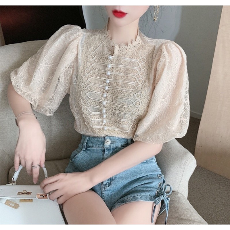 SET Áo Voan Phối Lưới Cổ Trụ Tay Bồng Sang Chảnh + Quần Short Jeans