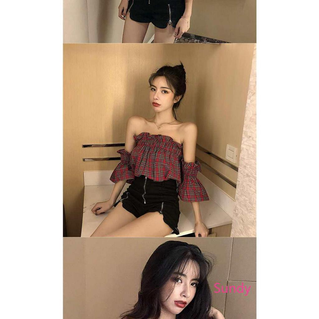 Áo kiểu trễ vai họa tiết sọc ca rô phong cách retro thời trang mùa hè cho nữ