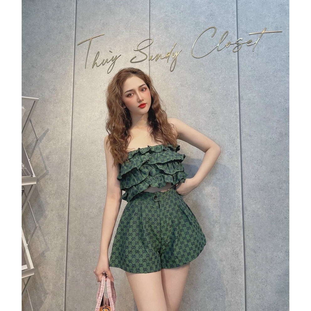 [9.9 Sales Freeship] Set bộ áo bèo tầng cup ngực in họa tiết phối quần sooc đùi phồng, set bộ bèo đùi sexy, cá tính dx