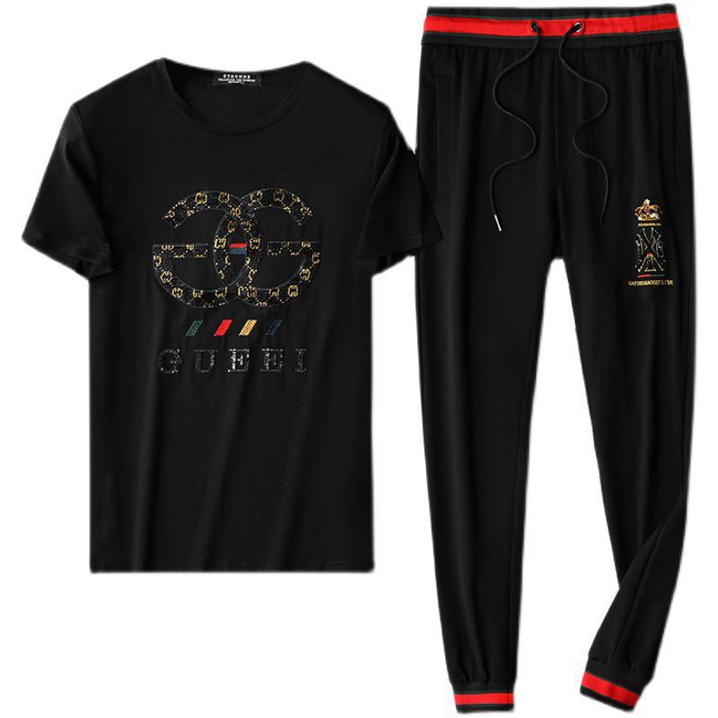 2021 European station handsome casual sports suit men's short-sleeved trousers two-piece plus size fashionable men's clothing [posted on April 29]