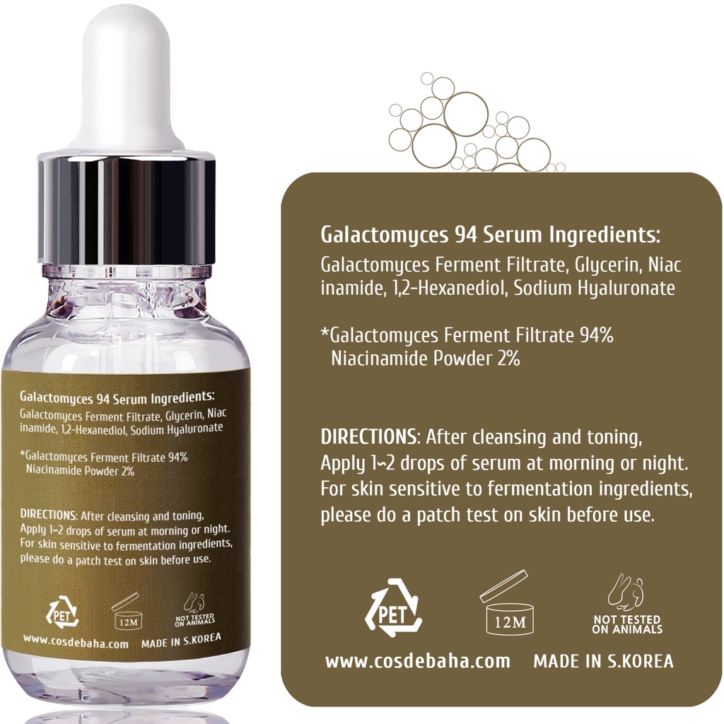Serum Cos De Baha chứa 94% Galactomyces 2% Niacinamide dung tích 30Ml