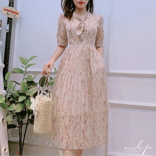 Đầm cổ nơ viền lé trắng
