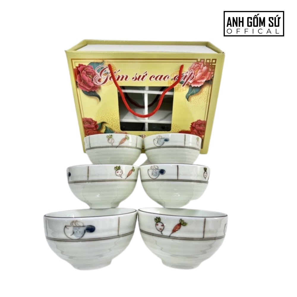 Bát ăn cơm men kem Bát Tràng cao cấp, bộ 6 chén ăn cơm nhiều mẫu lựa chọn