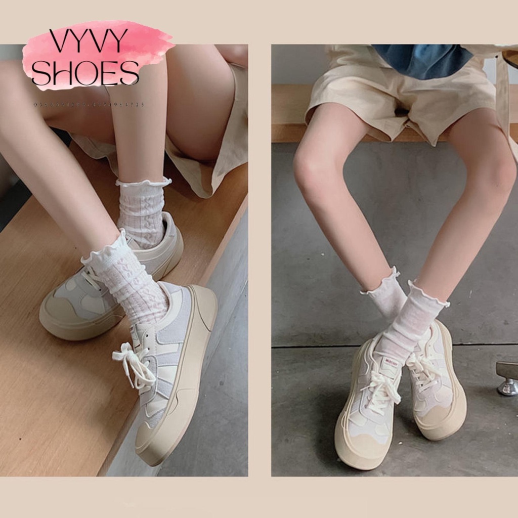 Tất Ren Lolita nữ, sét tất vớ nữ cổ bèo Littlepretty trắng, thêu họa tiết dễ thương