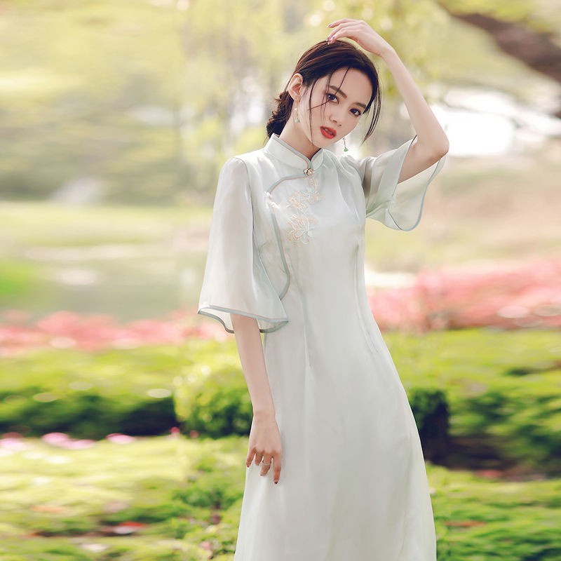 Đầm Sườn Xám Cách Tân Dáng Chữ a Tay Loe Thời Trang Mùa Hè 2021