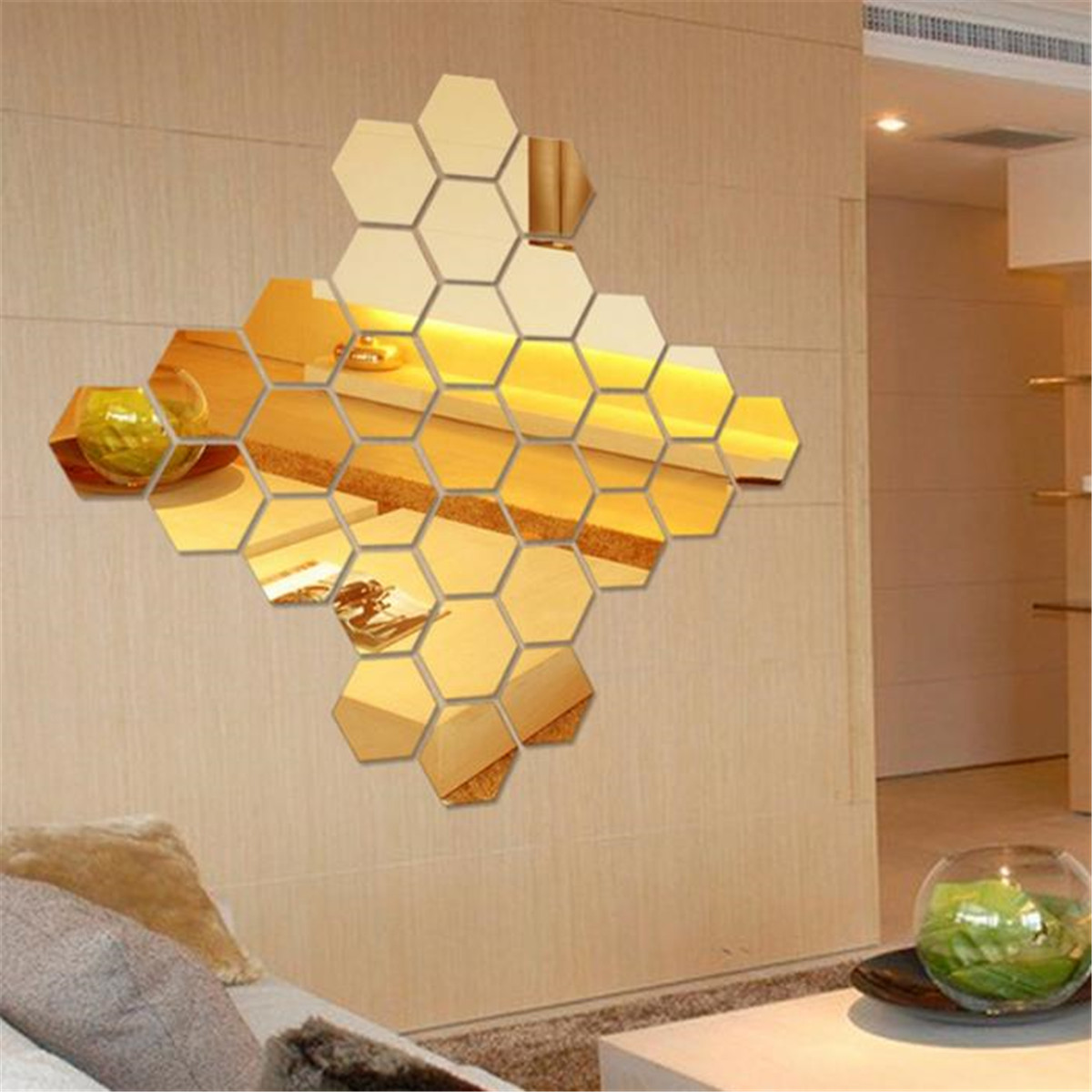 Decal Tráng Gương Dán Tường Hình Lục Giác 3d