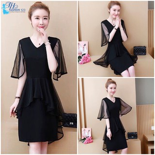 Đầm Suông Váy Nữ Cổ Tim Tay Lửng Màu Đen phủ ren lưới Đi Tiệc Công sở dạo phố