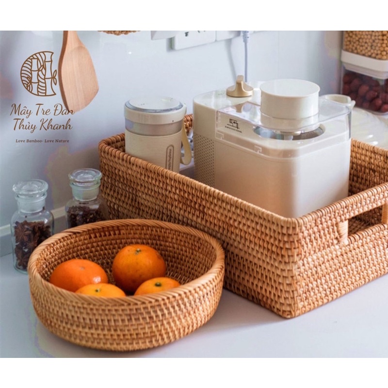Giỏ mây đựng đồ có tay cầm, Khay mây guột đa năng decor sắp xếp nhà cửa trang trí Mây Tre Đan Thuỷ Khanh
