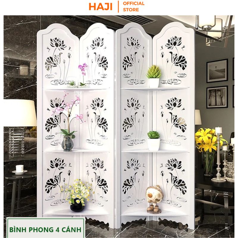 Vách ngăn hoa sen phong thuỷ HAJI kiểu dáng sang trọng thanh lịch có kệ và không kệ, Bình phong di dộng thông minh D478