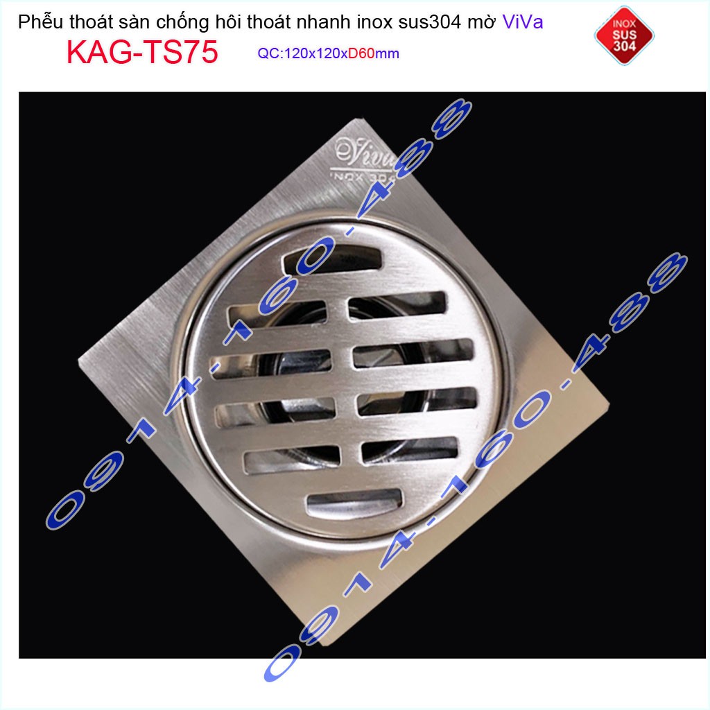 Phễu thoát sàn Viva KAG-TS75 12x12cm D60, phễu thoát sàn SUS304 đúc liền khối sales 40%, hố ga chống hôi inox 304 dày 1.