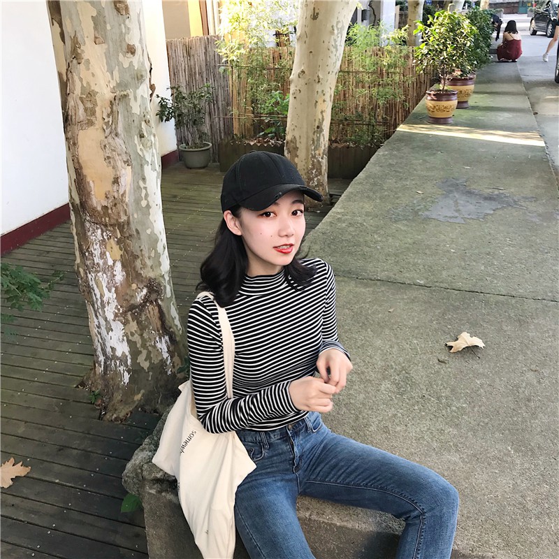 Áo thun tay dài kẻ sọc cổ cao phom croptop ôm body BS05