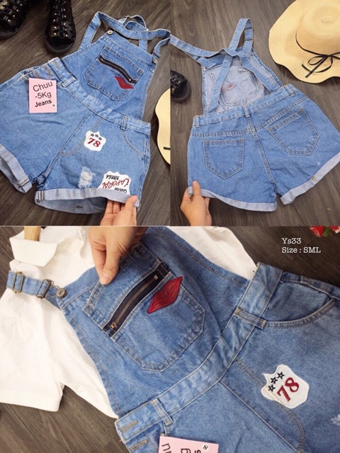 XẢ HÀNG GIÁ SỐC - Quần yếm jean ngắn sticker xinh yêu | BigBuy360 - bigbuy360.vn
