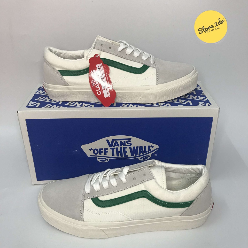 [Tặng Kèm Hộp + Vớ Xinh]Giày Sneaker Nam Vans Old Skool Trắng Viền Xanh Lá Da Lộn Giày Vans Style 36