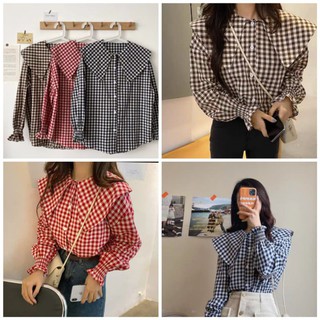 [Có sẵn] Áo sơ mi kẻ caro cổ bèo tay chun style Hàn