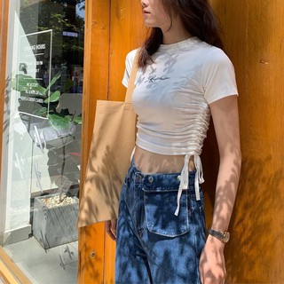 Áo croptop body ôm cổ tròn rút dây 2 bên eo Resi, chất thun bozip màu trắng VST