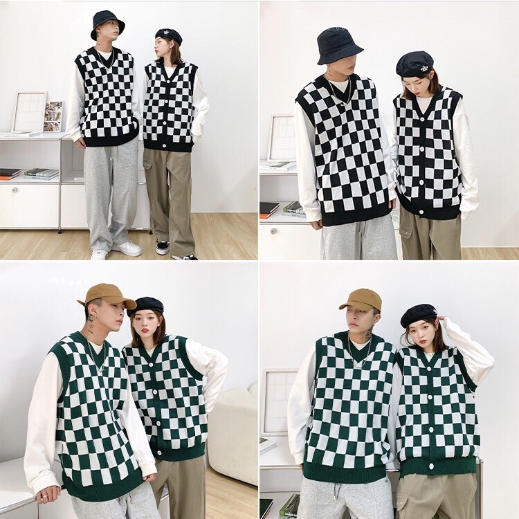 Áo gile kẻ caro vintage, áo không tay len co dãn, có bigsize phong cách softboy, gi-lê nam nữ