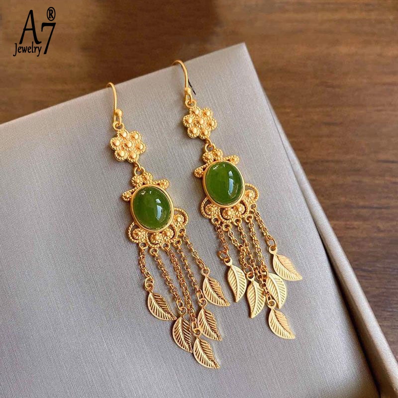 Bông Tai Bạc A7 S925 Dáng Dài Tua Rua Đính Đá Quý Sang Trọng