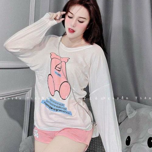 Sét bộ áo thun  tay dài in gấu &amp; quần đùi mẫu siêu dễ thương (GĐX3)