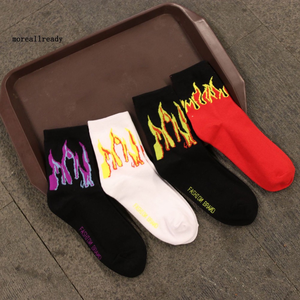 was_Fashion Women Men Flame Print Soft Warm Cotton Breathable Middle Tube Socks