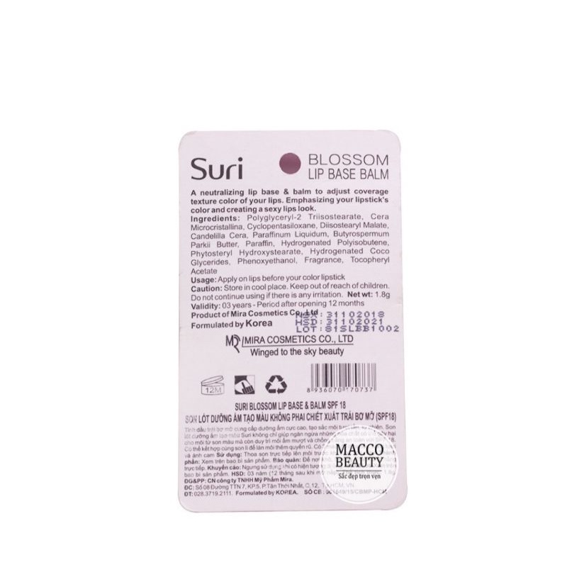 son dưỡng ẩm tạo màu không phai chiết xuất trái bơ mỡ Suri