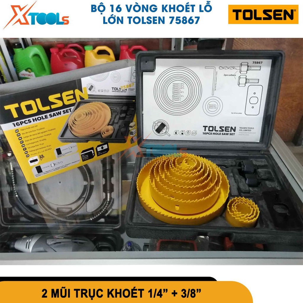 Bộ khoét lỗ tròn Tolsen 75867 16 chi tiết nhiều kích thước, kết hợp với máy khoan chuyên dụng [CHÍNH HÃNG][XTOOLS]