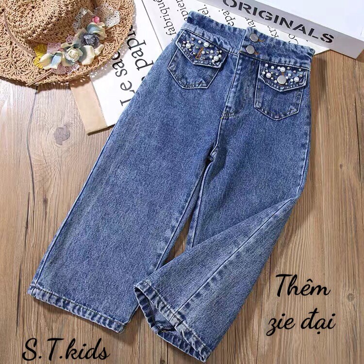 Quần jean bé gái ống rộng đính hạt ngọc VINCI WEAR