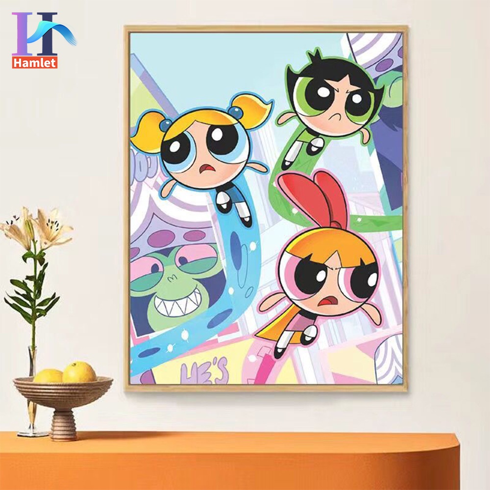 Bộ tranh sơn dầu Hamlet tô màu theo số hình hoạt hình Powerpuff Girls làm quà tặng cho trẻ em cỡ 30 * 40/ 40 * 50cm