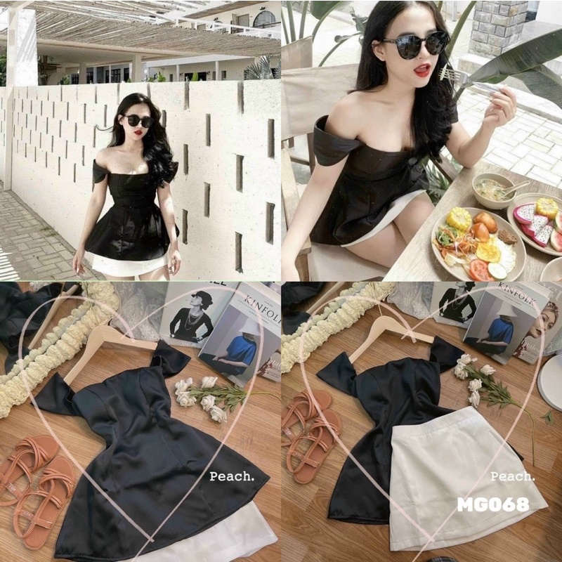 SET ÁO PEPLUM TAY TIÊN RỚT VAI ĐEN + CHÂN VÁY TRẮNG