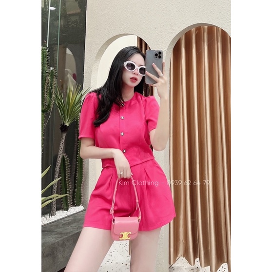 Set bố gân áo croptop tay bồng gài nút + quần short [hình thật]