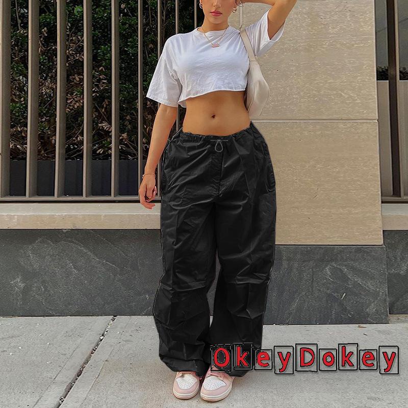 Quần Baggy Lưng Thấp Màu Trơn Phối Dây Rút Thời Trang Harajuku y2k