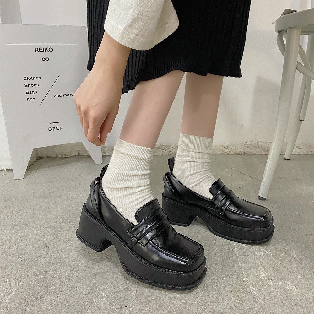 [ HÀNG SẴN - SHIP HOẢ TỐC  ] Loafer mũi vuông đế cao 6cm cá tính - Loafer đế cao cách điệu - Giày cổ thấp siêu xinh