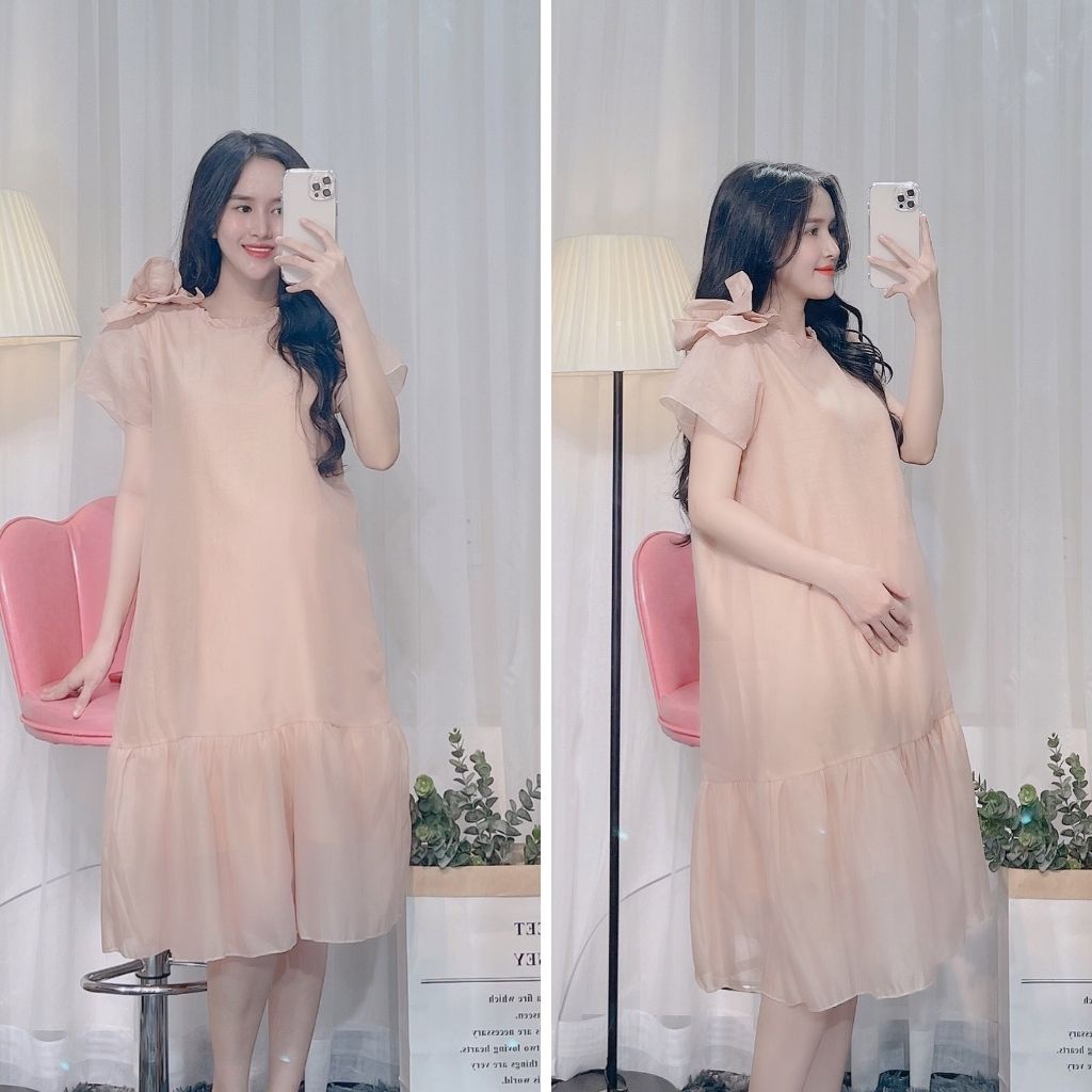 Đầm bầu dự tiệc - Đầm bầu thiết kế voan 2 lớp (NƠ VAI) sang trọng, mã ĐB1005