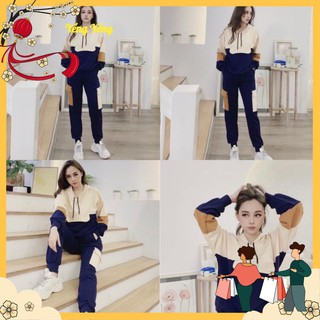 BỘ HOODIE NỮ KÈM MŨ QUẦN THAN ÁO PHỐI BE