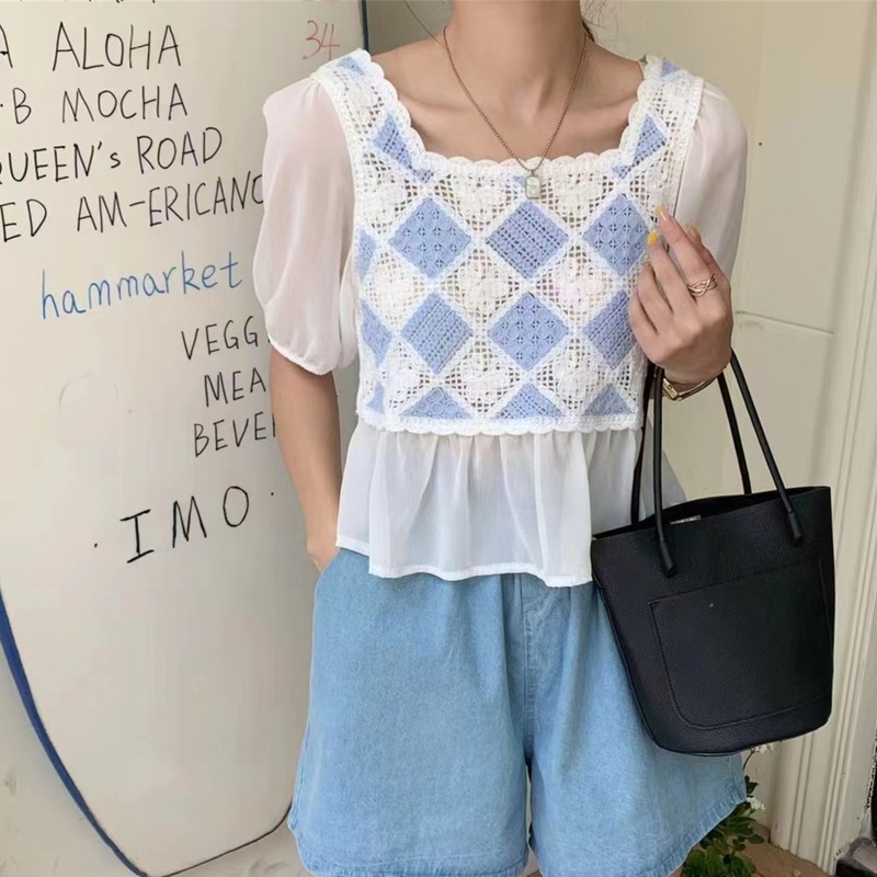 Áo Kiểu Chiffon Cổ Vuông Tay Ngắn Thời Trang Cho Nữ