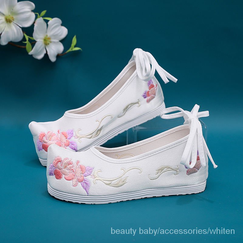 Q.H.H Giày cao gót thêu họa tiết phong cách Trung Hoa cổ điển phù hợp với tất cả mùa xuân và mùa hè cho học sinh