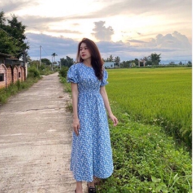 Váy hoa nhí cổ tròn tay phồng chun eo dáng dài phong cách vintage Linzstore V1653