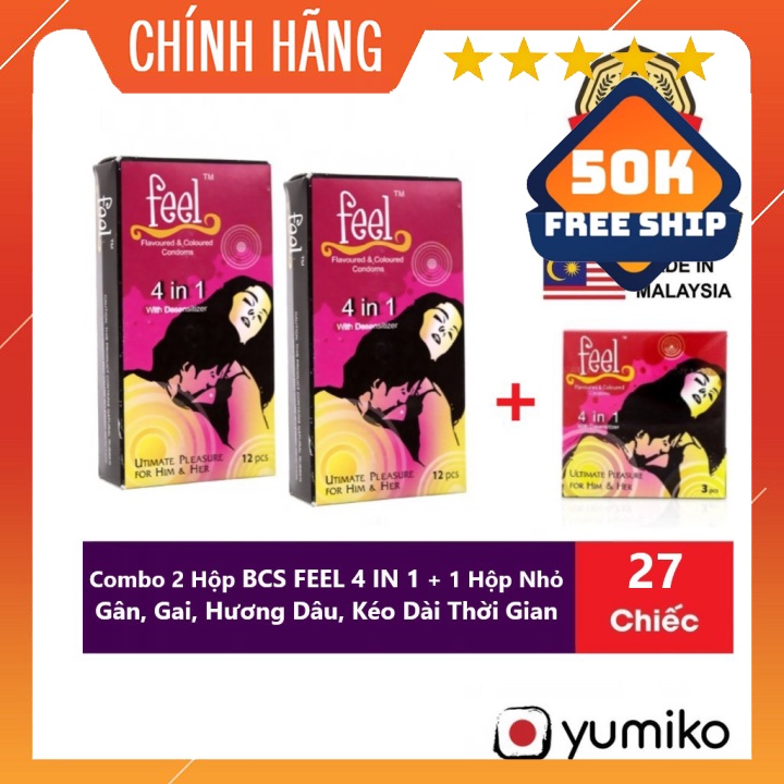 Combo 2 Hộp Bao Cao Su Gân, Gai, Hương Dâu, Kéo Dài Thời Gian FEEL 4 IN 1 - MALAYSIA