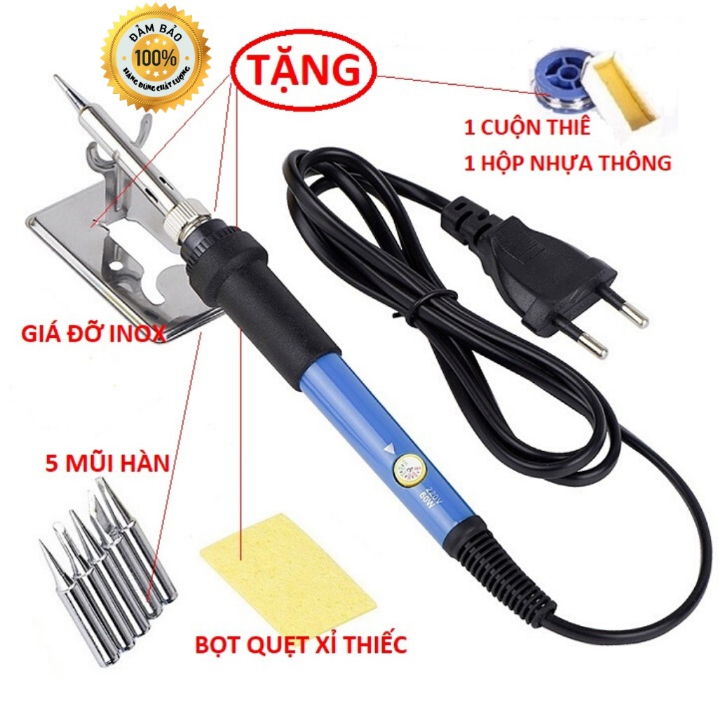 Mỏ hàn chì - Mỏ hàn thiếc 60w có chỉnh nhiệt độ , tặng 5 đầu hàn , cuộn thiếc , nhựa thông và phụ kiện