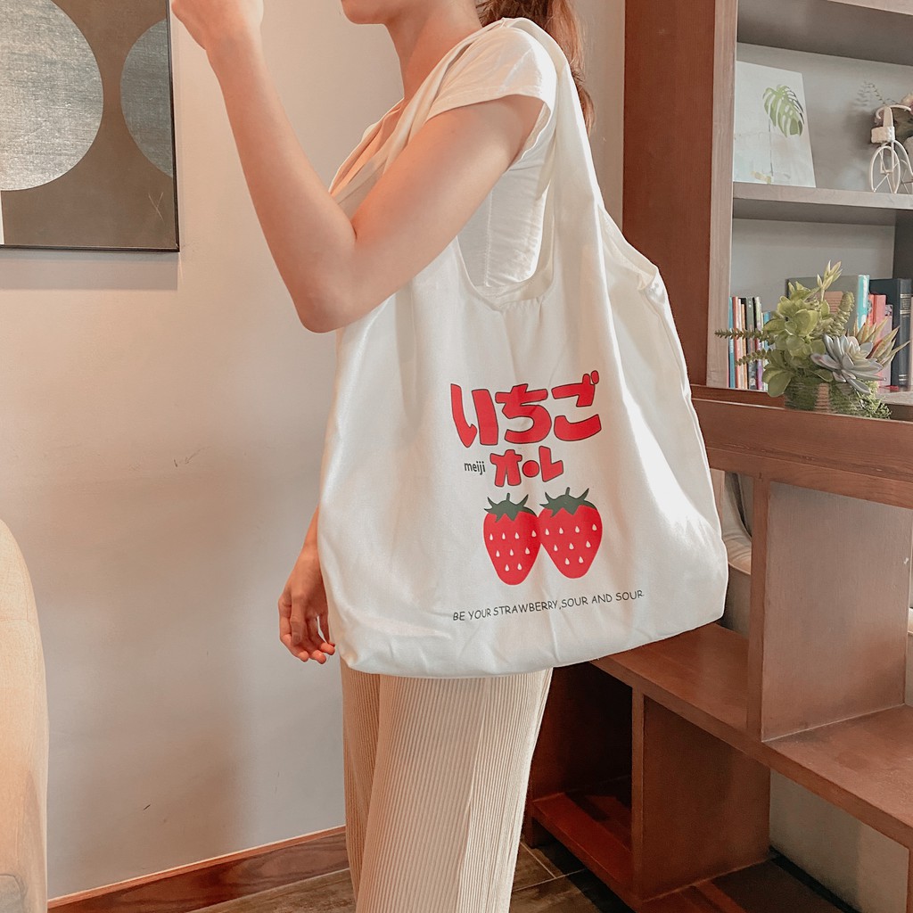 T125/Túi Tote Túi Vải Canvas Phong Cách Nhật Bản Thời Trang Ulzzang Hình Dâu