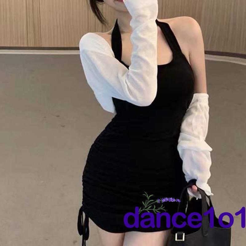 ♔Tl✬Đầm Mini Dây Rút Hở Lưng Màu Trơn Có Nếp Gấp Cho Nữ