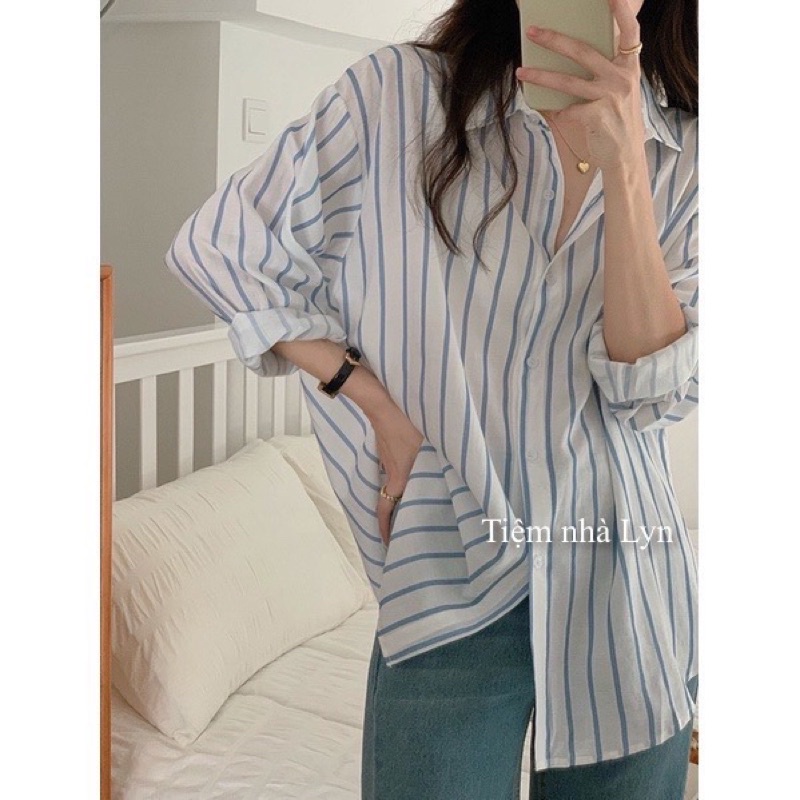 Áo sơ mi nữ kẻ sọc xanh | Sơmi nữ kẻ hàn quốc