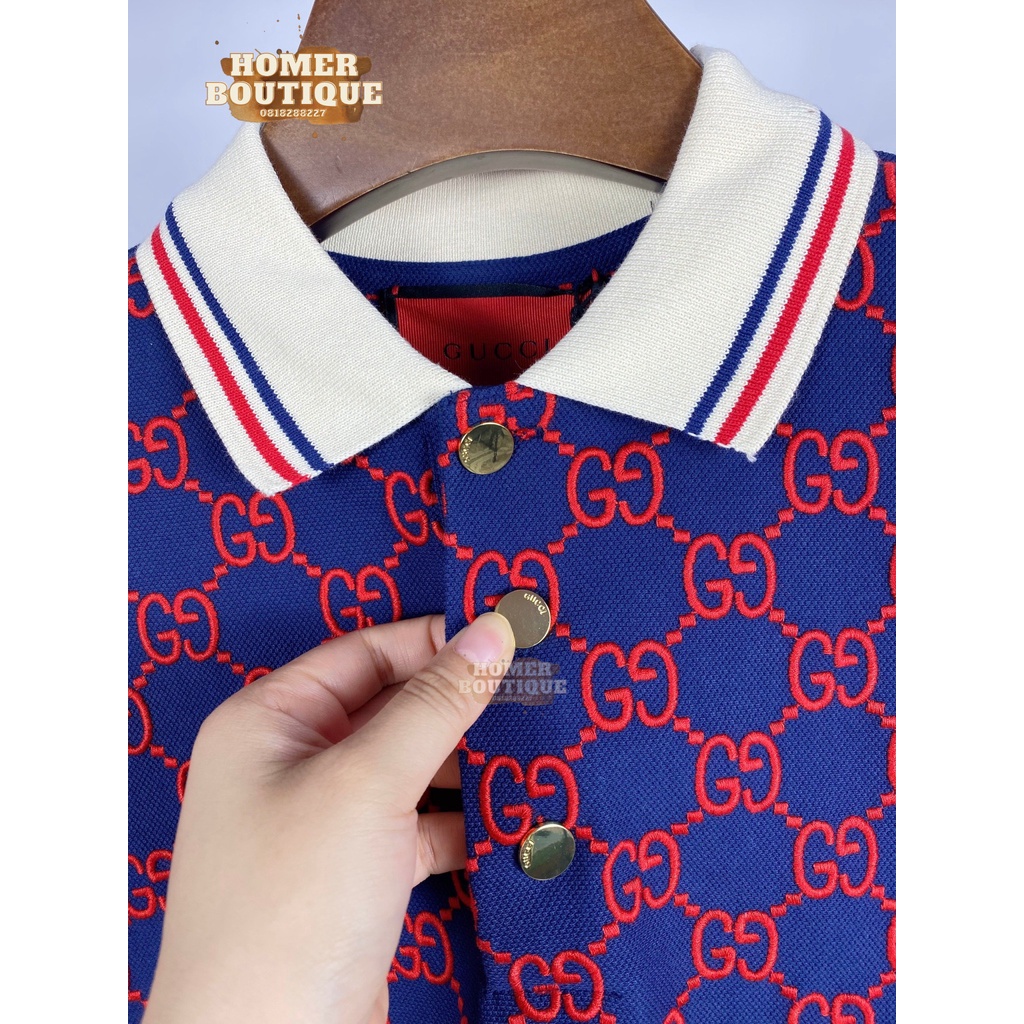 Áo Polo Chất Cotton Vân Thêu Rõ Ràng Gucci GG Stretch Cotton Polo Shirts/Blue Red