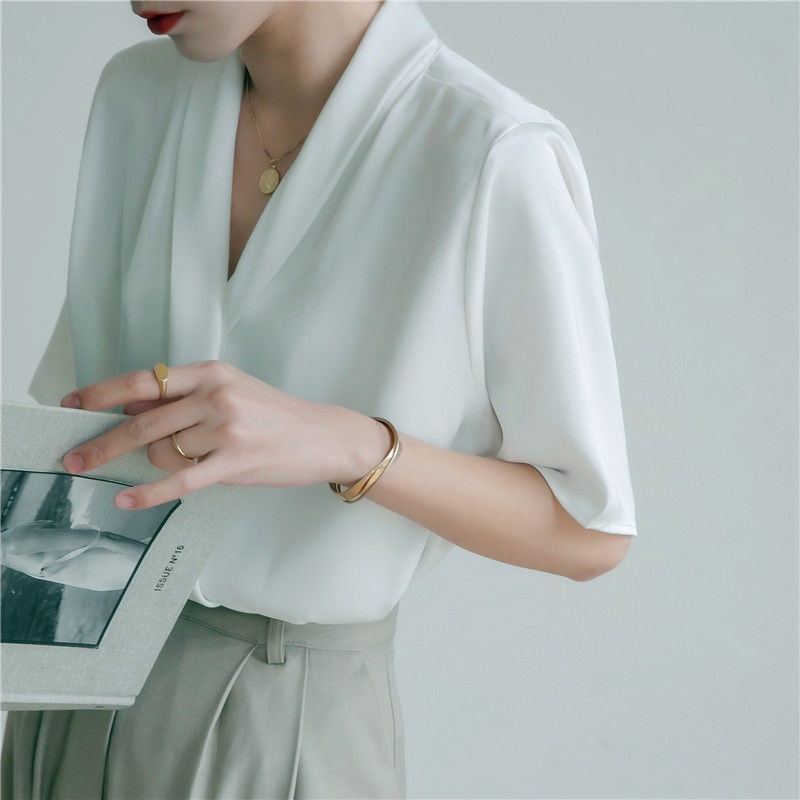 Áo Sơ Mi Tay Ngắn Cổ Chữ V Dáng Rộng Vải satin Thời Trang Mùa Hè Cho Nữ