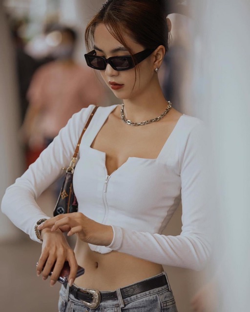 Áo croptop nữ kiểu phối khoá kéo dài tay chất vải thun gân len 4 chiều FreeSize ( Bảo An Shop ) Hot | BigBuy360 - bigbuy360.vn