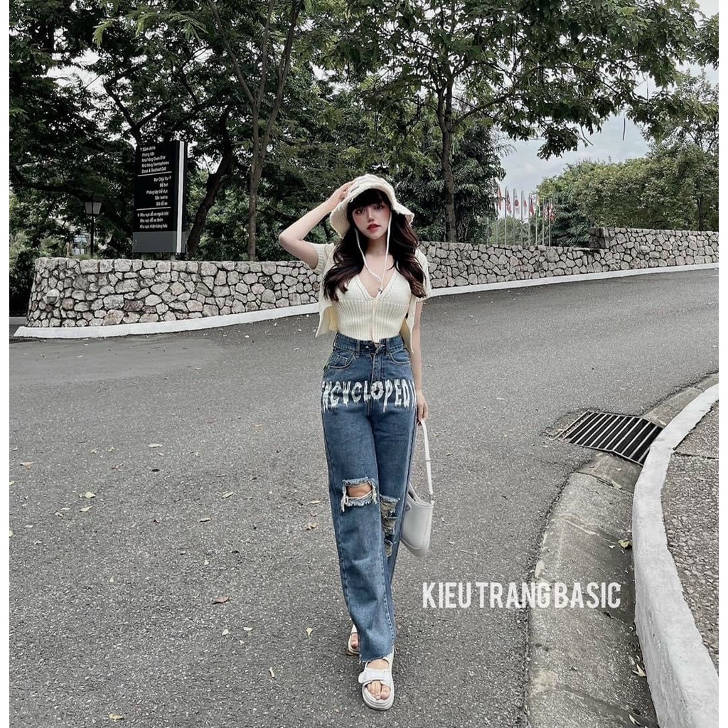 Quần jean nữ ống rộng lưng cao rách in chữ phong cách Ulzzang - Quần jeans baggy ống rộng lưng cao rách suông