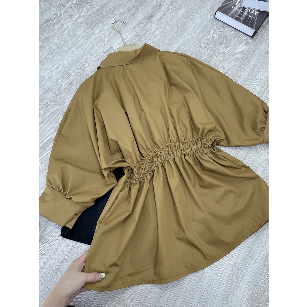 Set áo sơ mi nâu nhún eo kèm quần