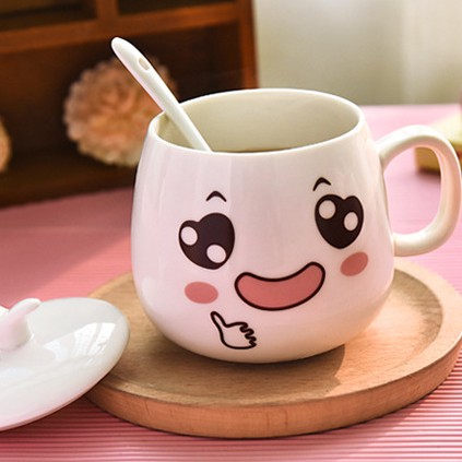 Cốc trà, cà phê gốm sứ cao cấp hình mặt cười hoặc logo starbuck KÈM THÌA VÀ NẮP 300ml | BigBuy360 - bigbuy360.vn