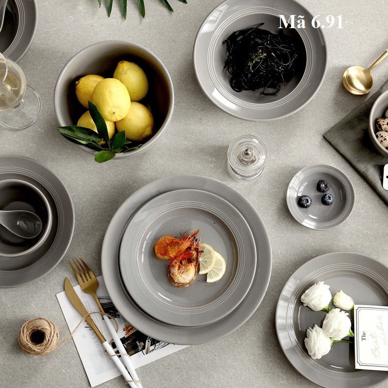 Bộ đồ bàn ăn, bát đĩa sứ màu đen ghi phong cách Bắc Âu: 6.91