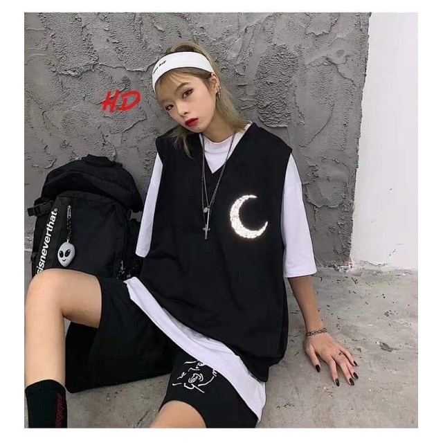 Áo gile mặt trăng phản quangtanktop phản quang bạc in hình mặt trăngchất cotton mềm mịnphong cách unisex kiểu dáng HQ
